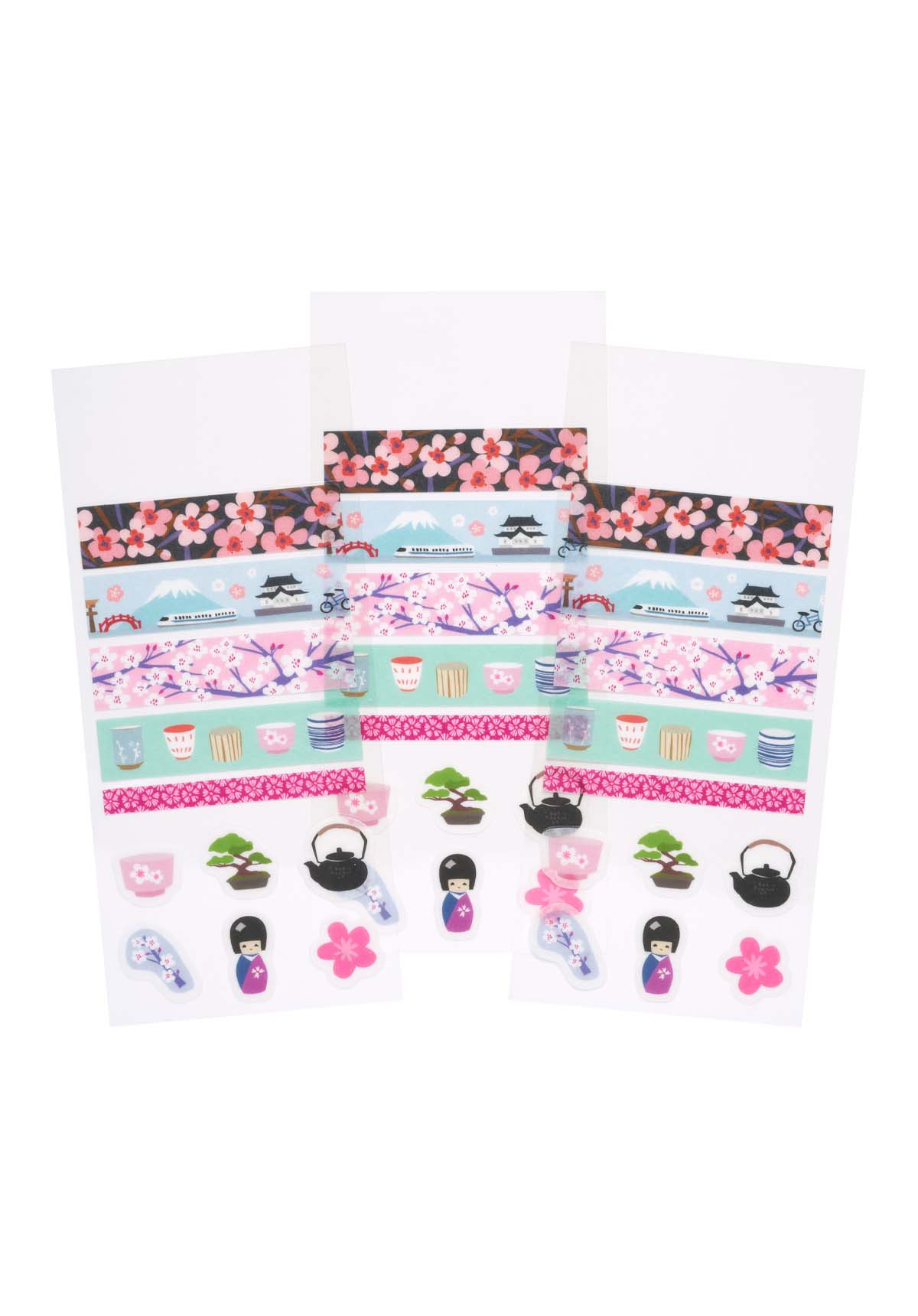 3 sheets of Japanese-themed washi strips and stickers on a white background.