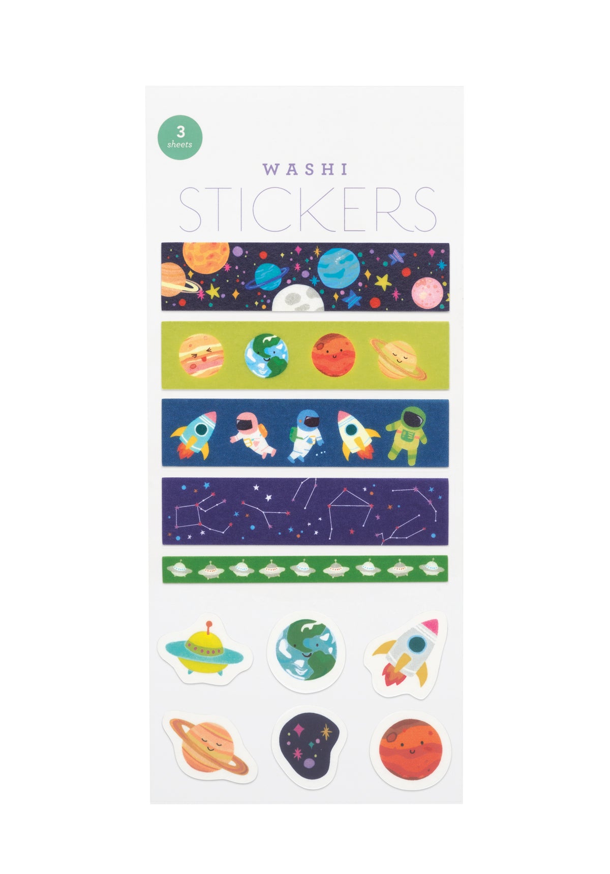 Pack of washi stickers with space-themed designs on a white background