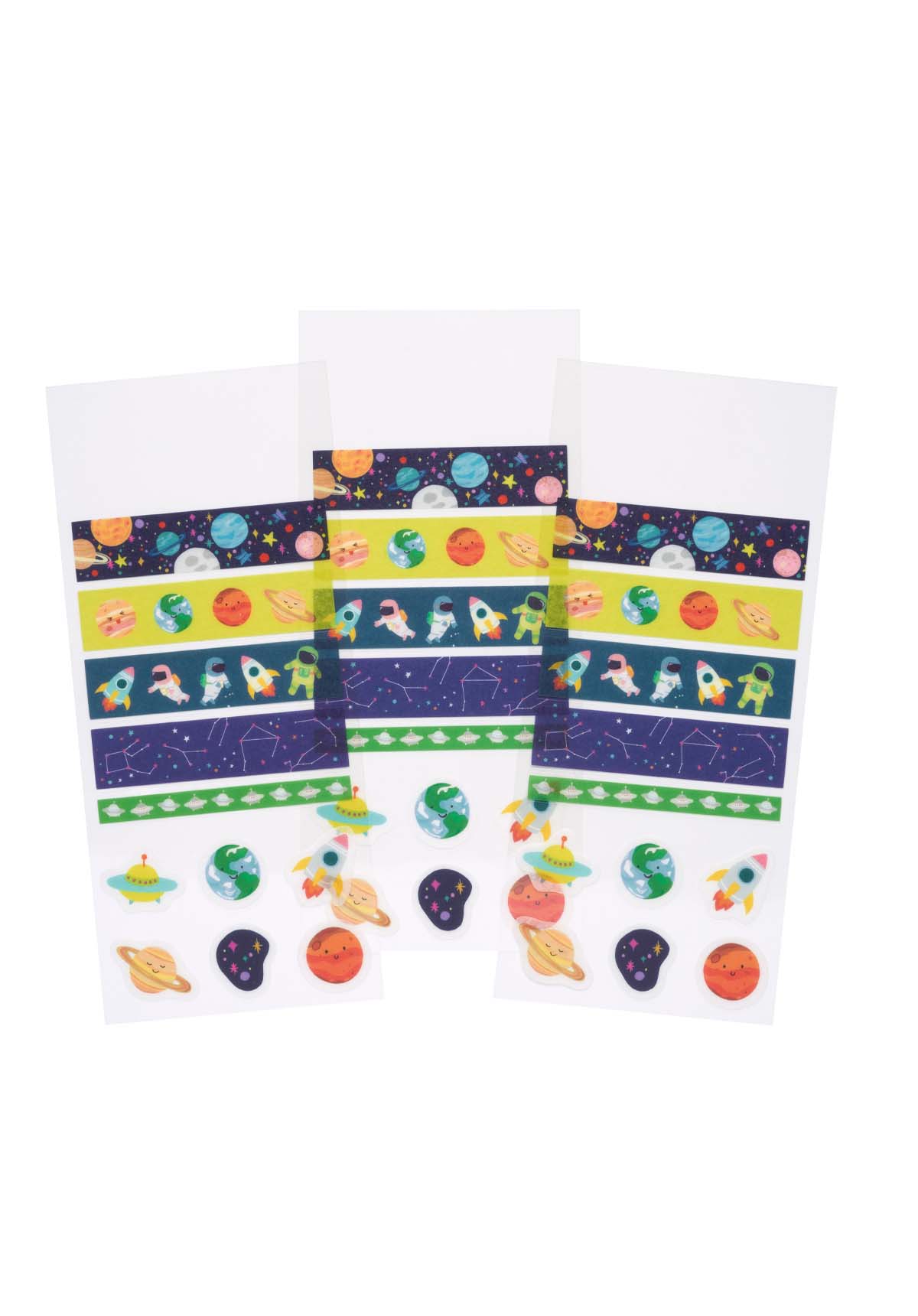 3 sheets of space-themed washi strips and stickers on a white background.