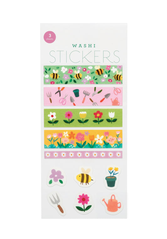 Packaging of washi stickers with garden-themed designs on a white background