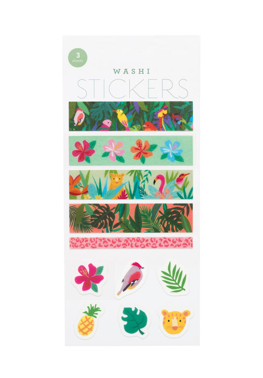Packaging of washi stickers with tropical designs on a white background