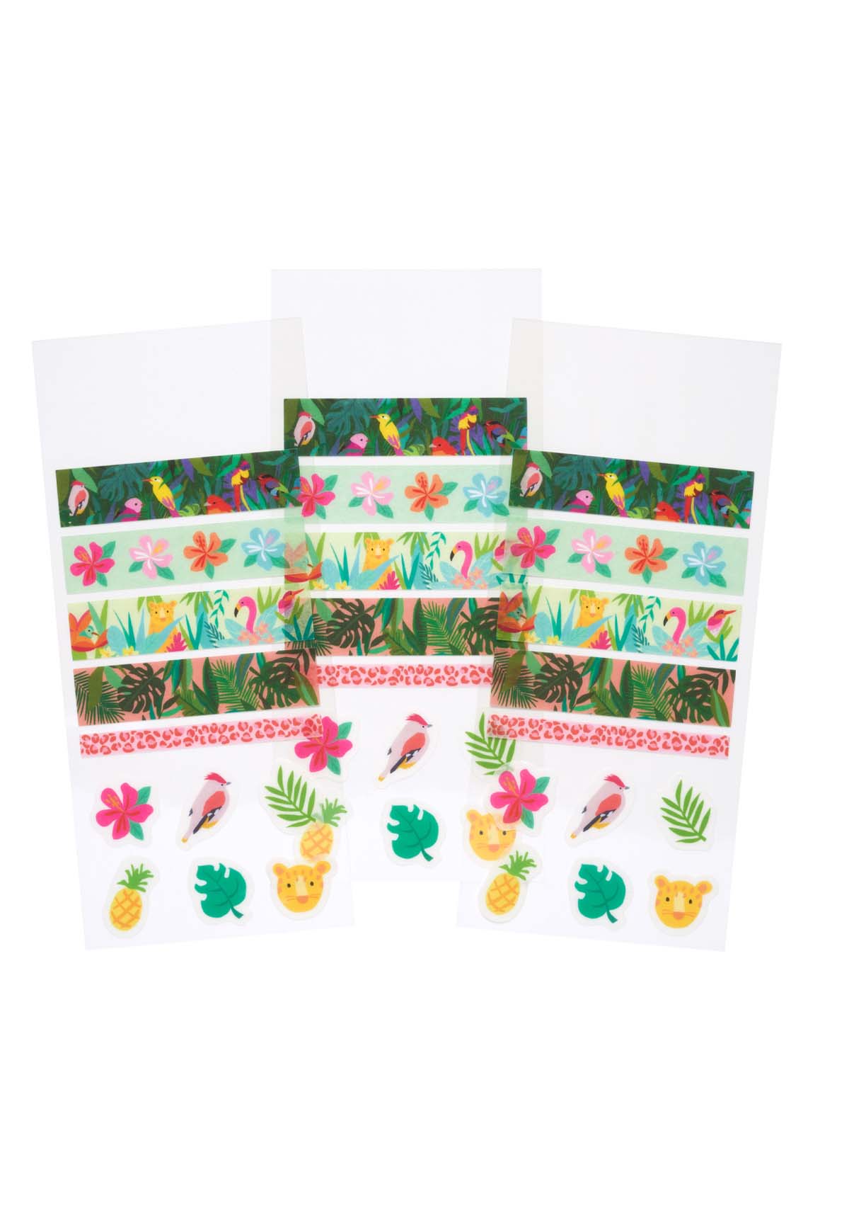 3 sheets of tropical-themed washi strips and stickers on a white background.