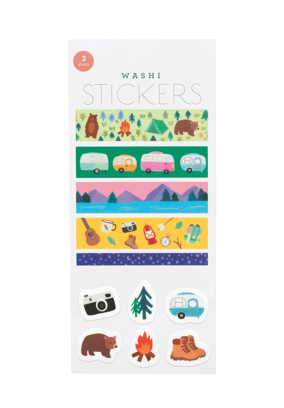 Pack of washi stickers with camping-themed designs on a white background