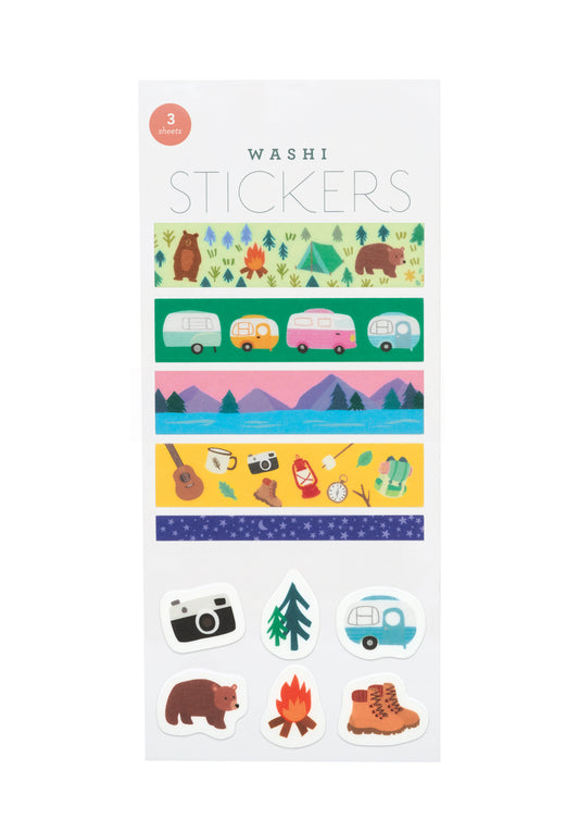 Pack of washi stickers with camping-themed designs on a white background