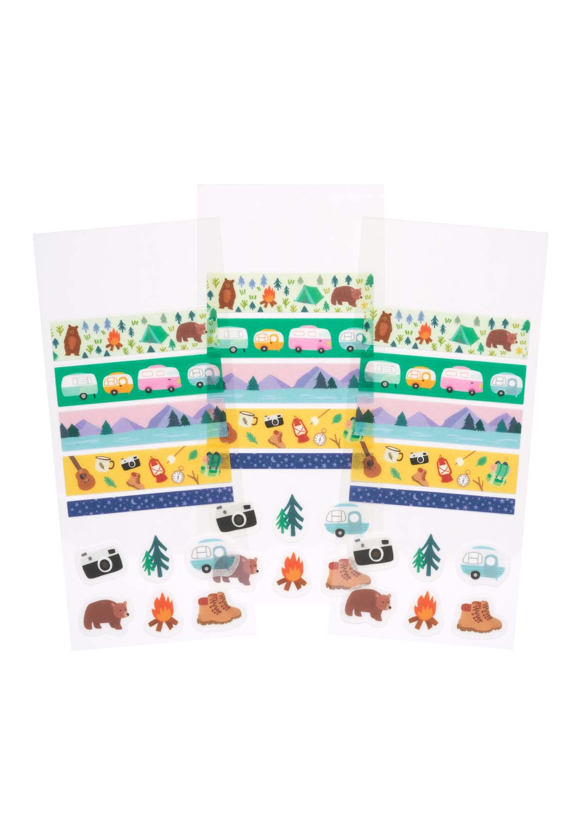 3 sheets of camping-themed washi strips and stickers on a white background.