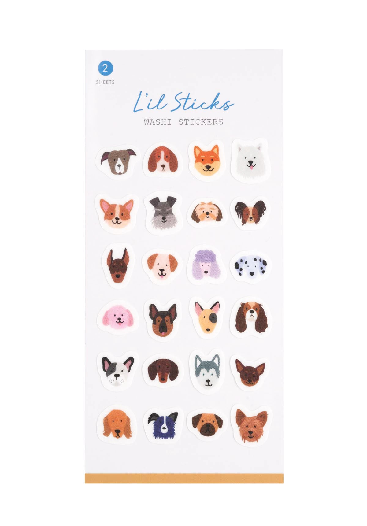 Package of dog-themed washi stickers with 'Lil Sticks' branding on a white background