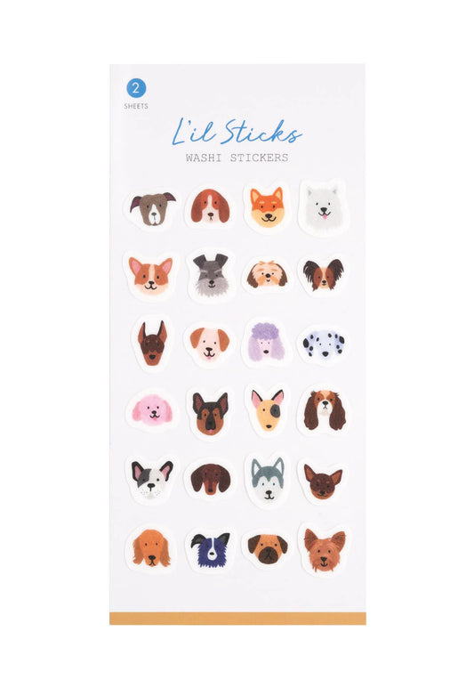 Package of dog-themed washi stickers with 'Lil Sticks' branding on a white background