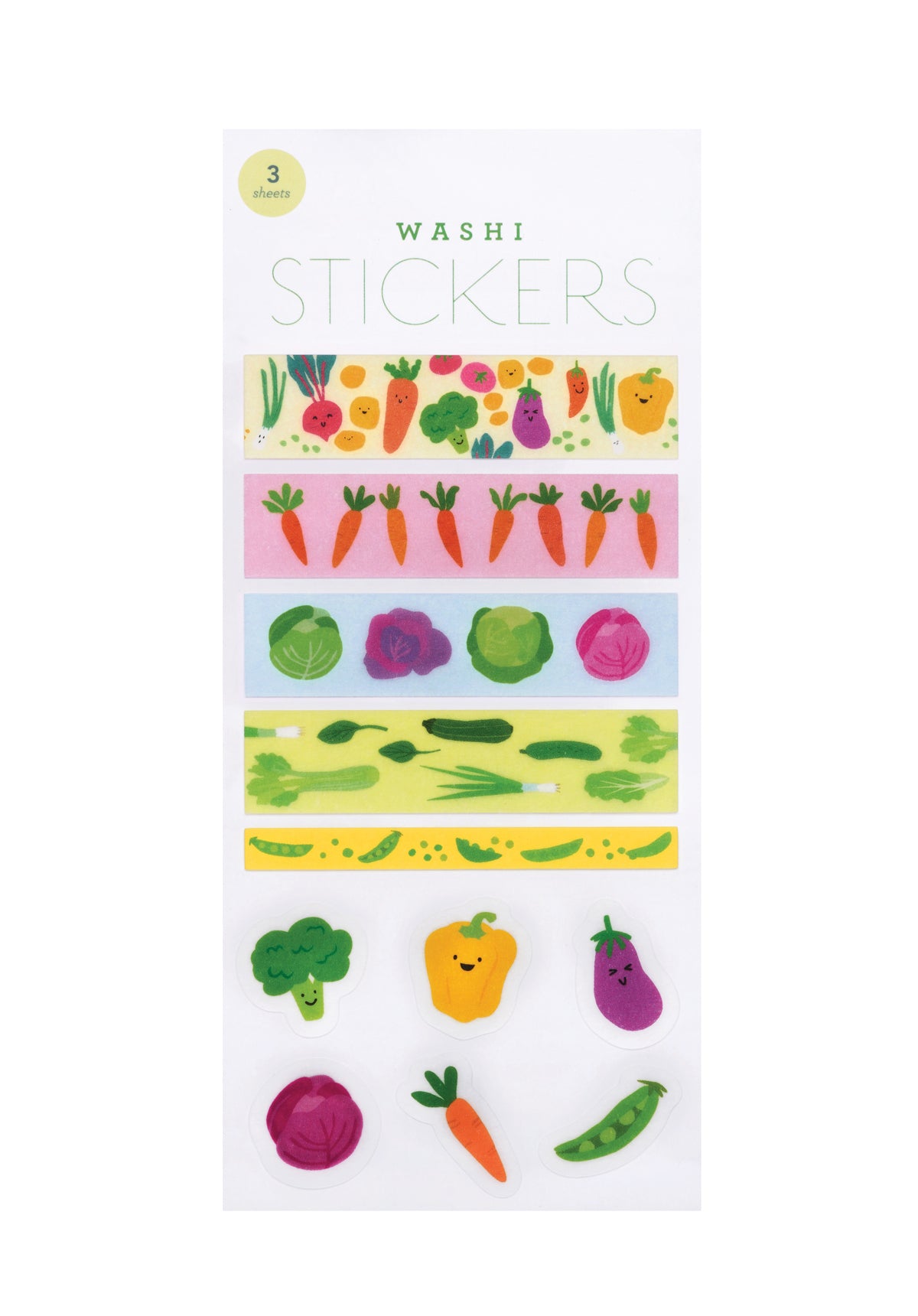 Pack of washi stickers with colorful vegetable designs on a white background