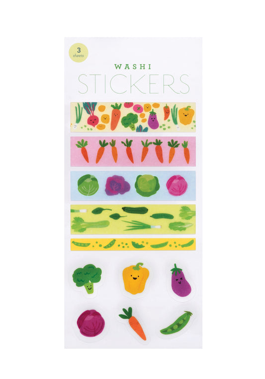 Pack of washi stickers with colorful vegetable designs on a white background