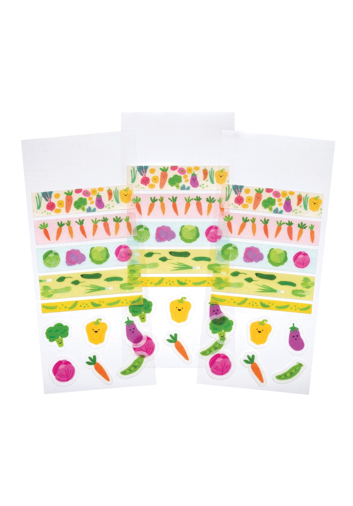3 sheets of vegetable-themed washi strips and stickers on a white background.