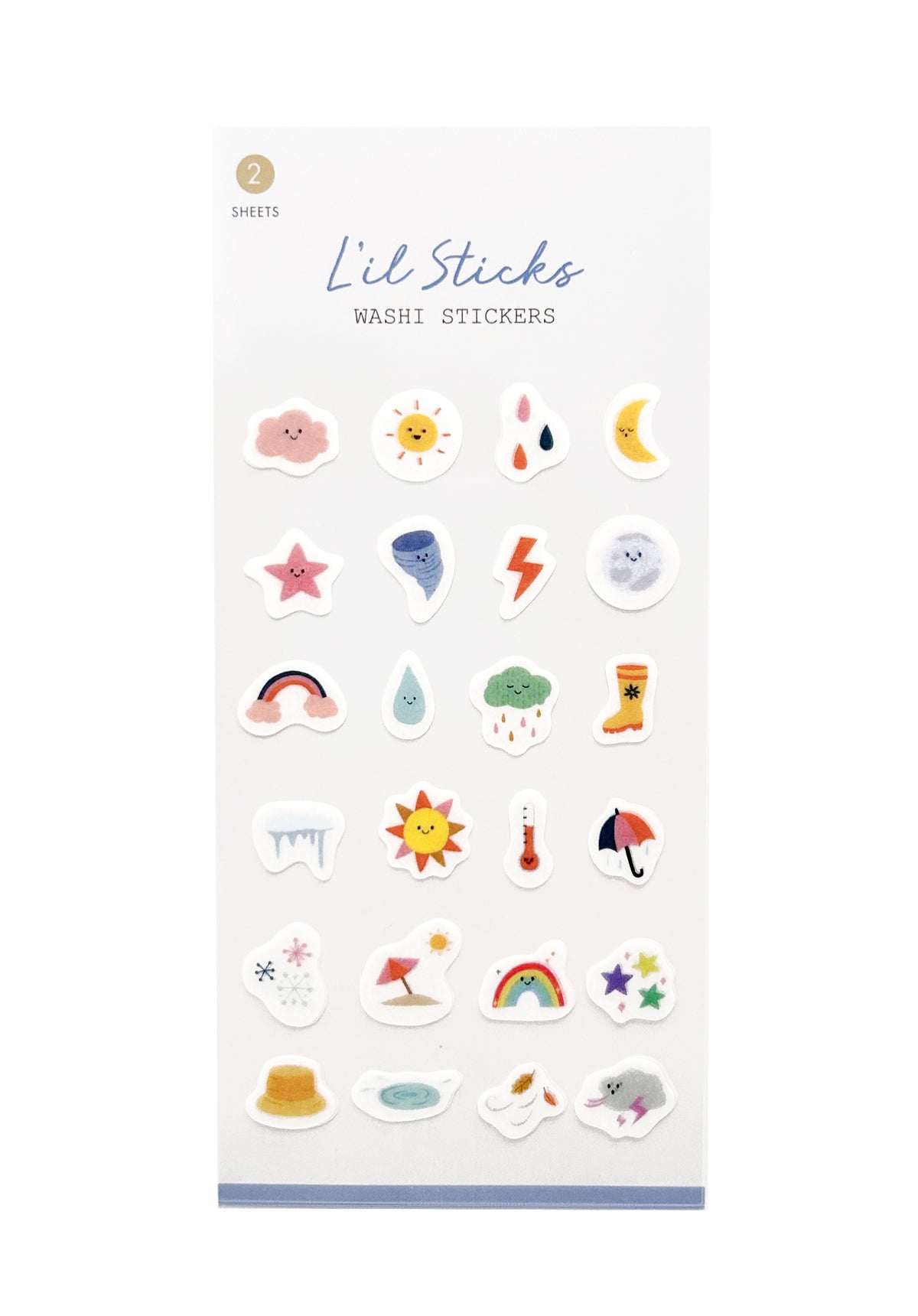 Package of colorful washi stickers with various weather-related designs on a white background.