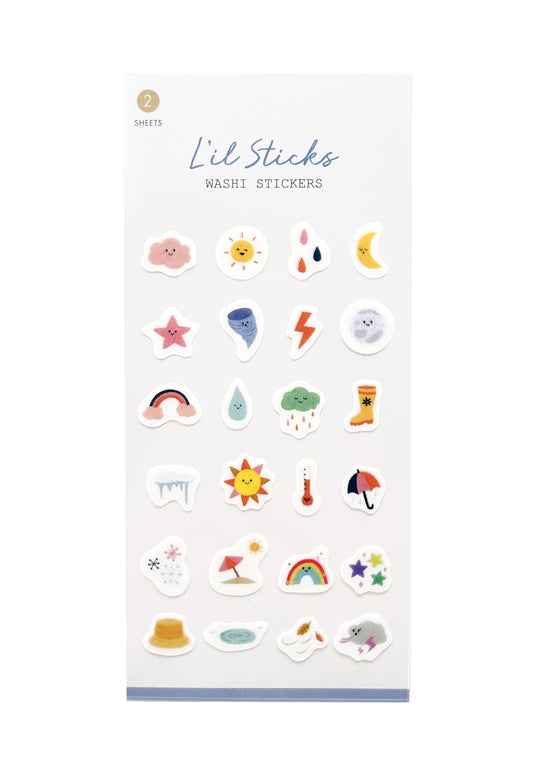Package of colorful washi stickers with various weather-related designs on a white background.
