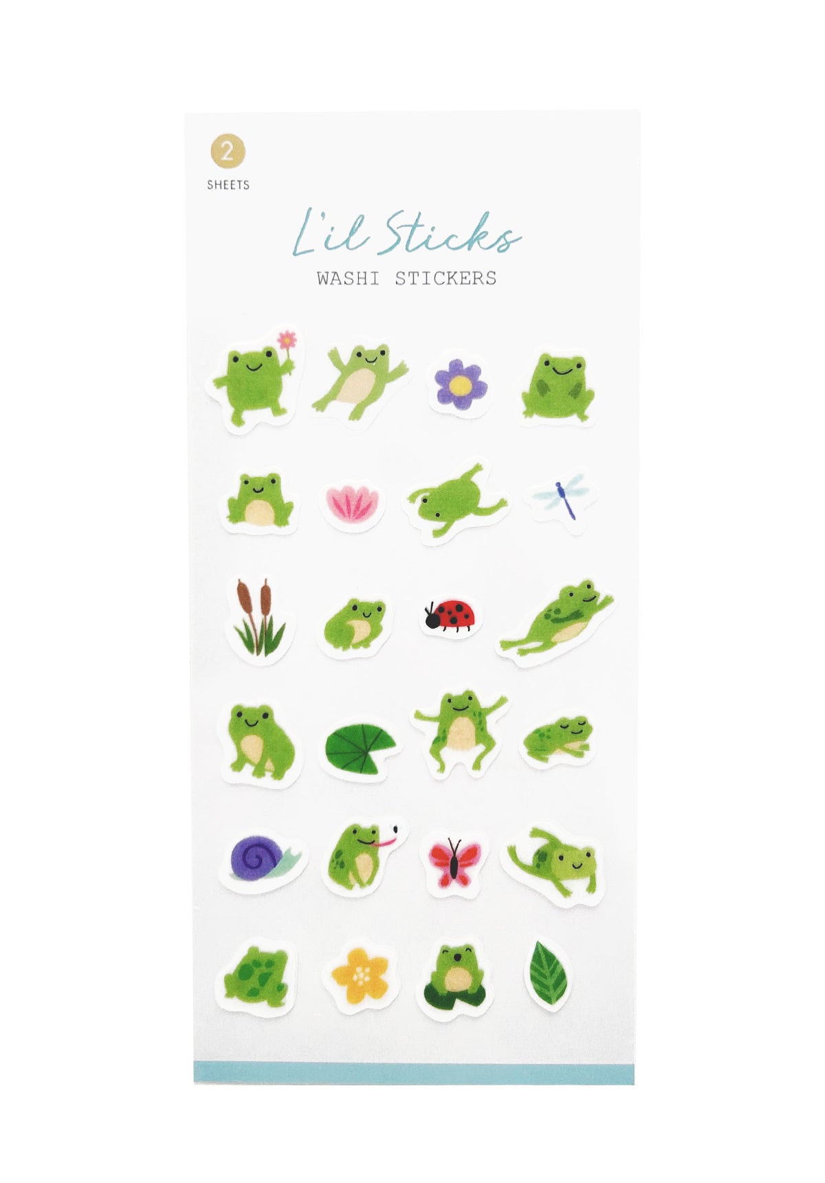 Sheet of washi stickers featuring green frogs and various small illustrations on a white background.