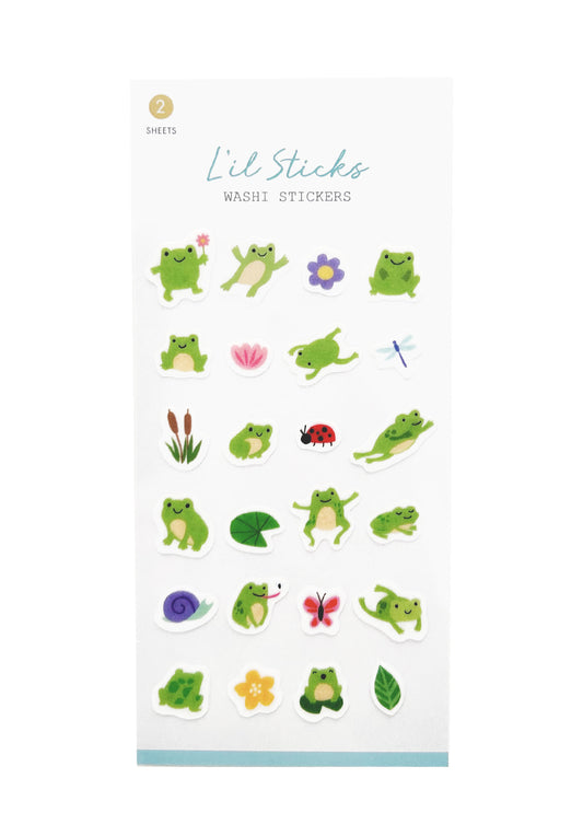 Sheet of washi stickers featuring green frogs and various small illustrations on a white background.