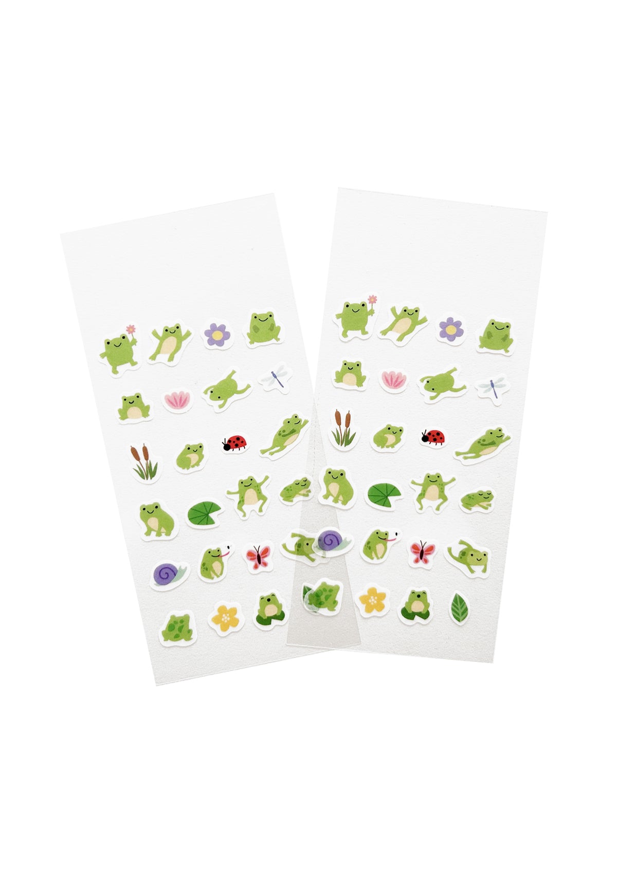 Two sheets of washi stickers featuring green frogs and various small illustrations on a white background.