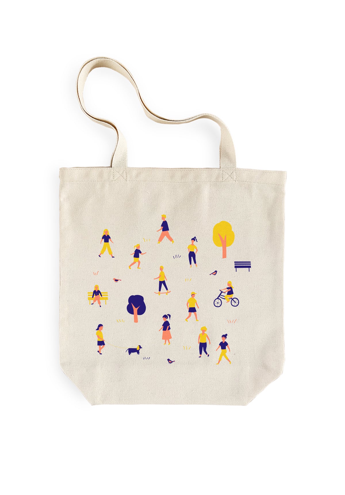 Beige tote bag with colorful illustrations of people and objects at a park on a white background