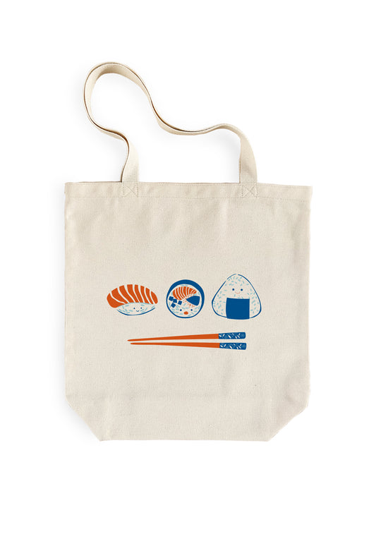 Beige tote bag with sushi-themed design on a white background