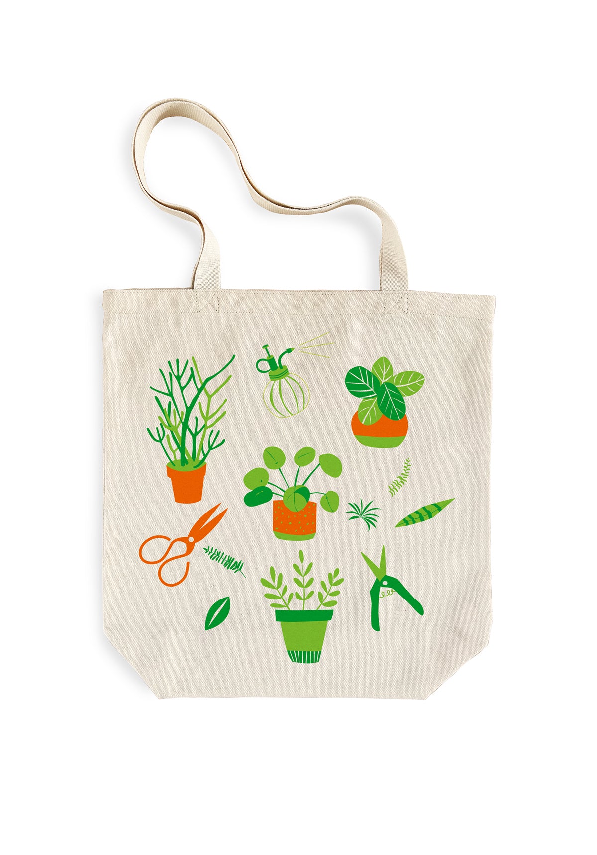 Beige tote bag featuring various illustrations of potted plants and gardening tools