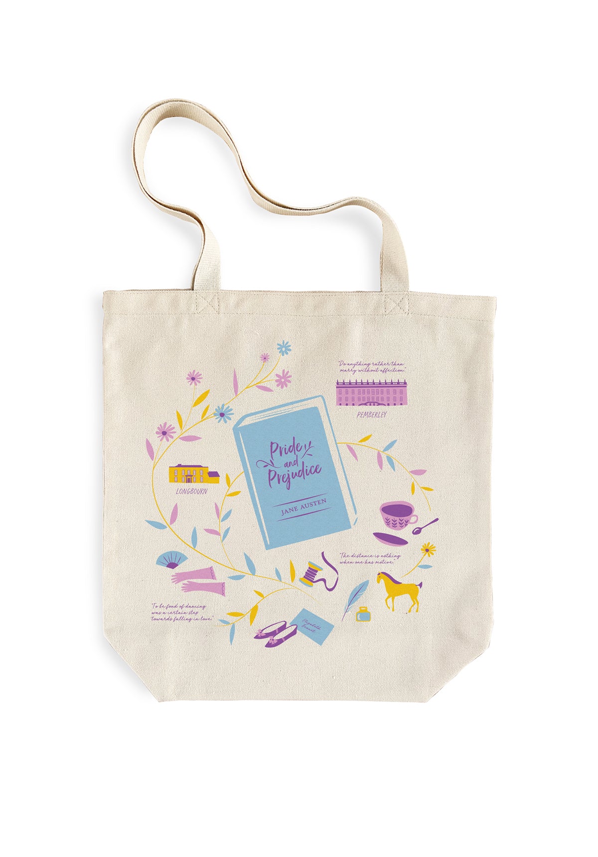 Beige tote bag with colorful Pride and Prejudice illustrations and text on a white background