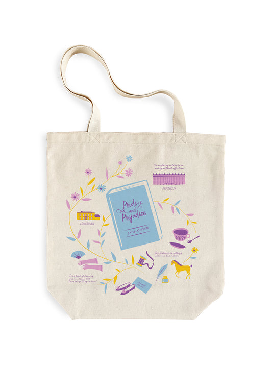 Beige tote bag with colorful Pride and Prejudice illustrations and text on a white background