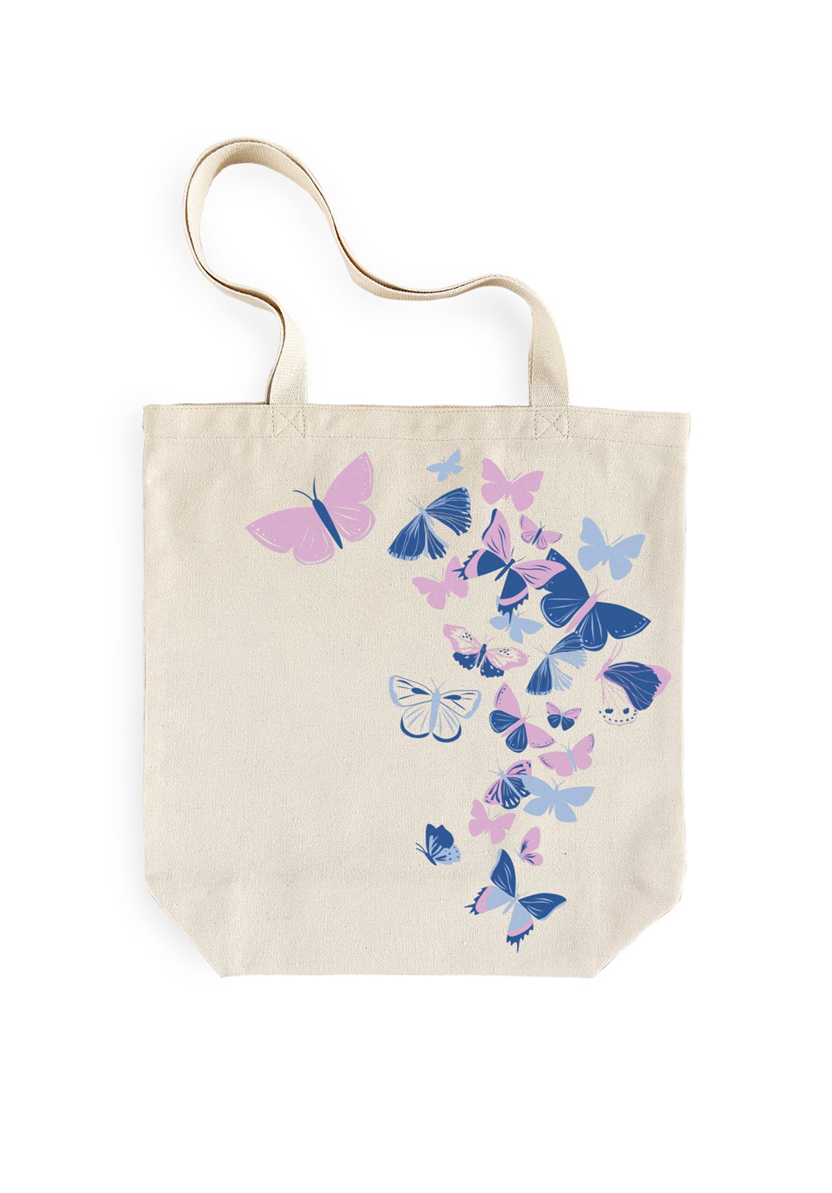Beige tote bag with colorful butterfly design on a white background