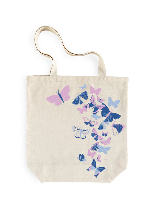 Beige tote bag with colorful butterfly design on a white background